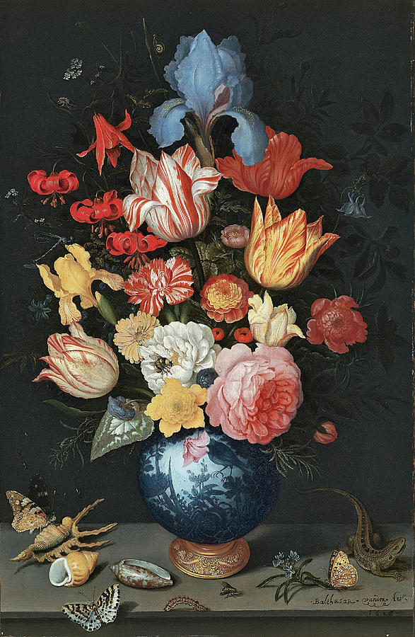 Balthasar van der Ast -Middelburg, 1593/94-Delft, 1657-. Chinese Vase with Flowers, Shells and In... Painting by Balthasar van der Ast -c 1593-1657-
