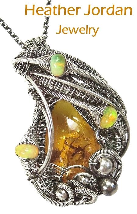 Sterling Silver Jewelry - Baltic Amber Pendant with Spider and Fly Inclusions in Sterling Silver and Ethiopian Welo Opals by Heather Jordan