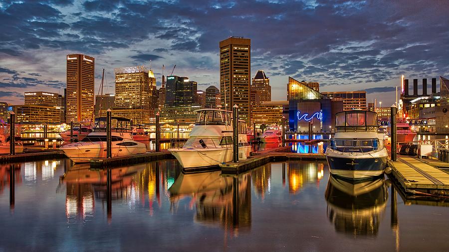 Baltimore Inner Harbor at sunset Photograph by John Peeler