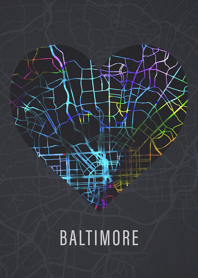 Baltimore Mixed Media - Baltimore Maryland City Heart Street Map Love Dark Mode by Design Turnpike