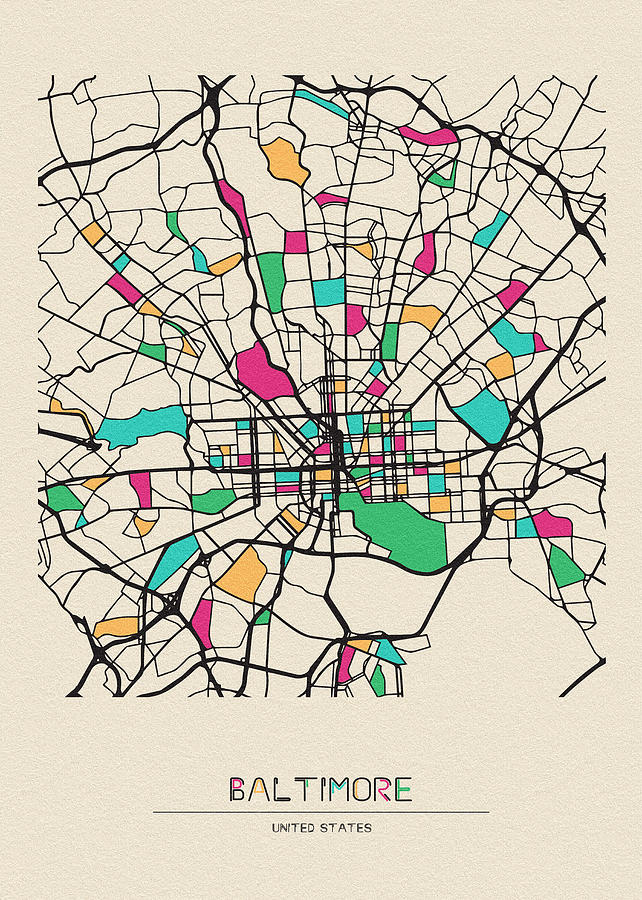 Baltimore, Maryland City Map Drawing by Inspirowl Design