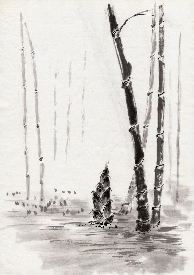 Bamboo Trees, Ink Painting, Vignette Digital Art by Daj