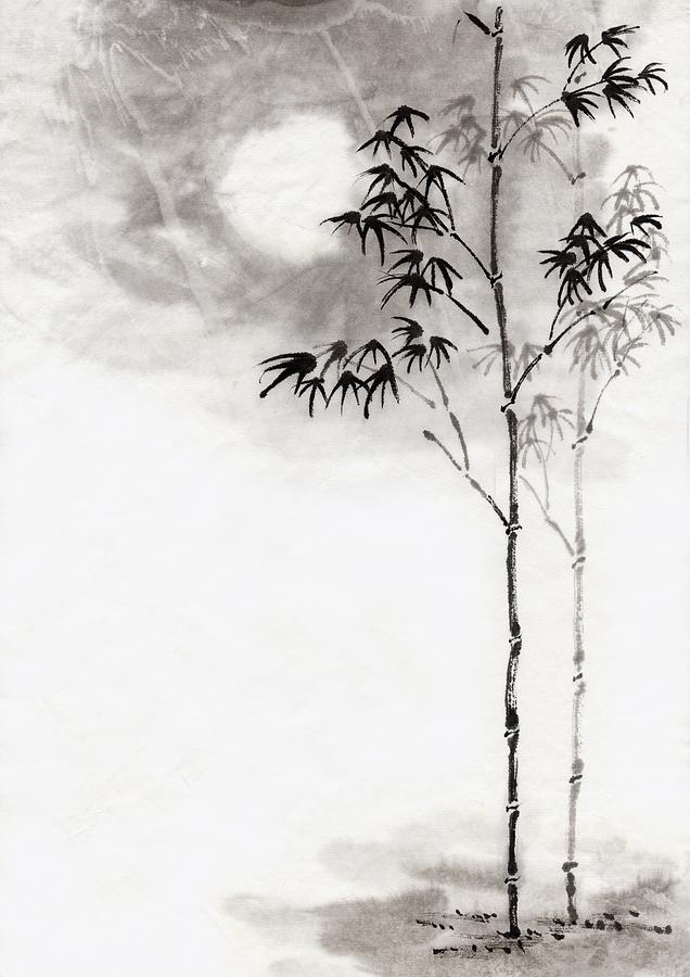 Bamboos And Moon, Ink Painting, Vignette Digital Art by Daj
