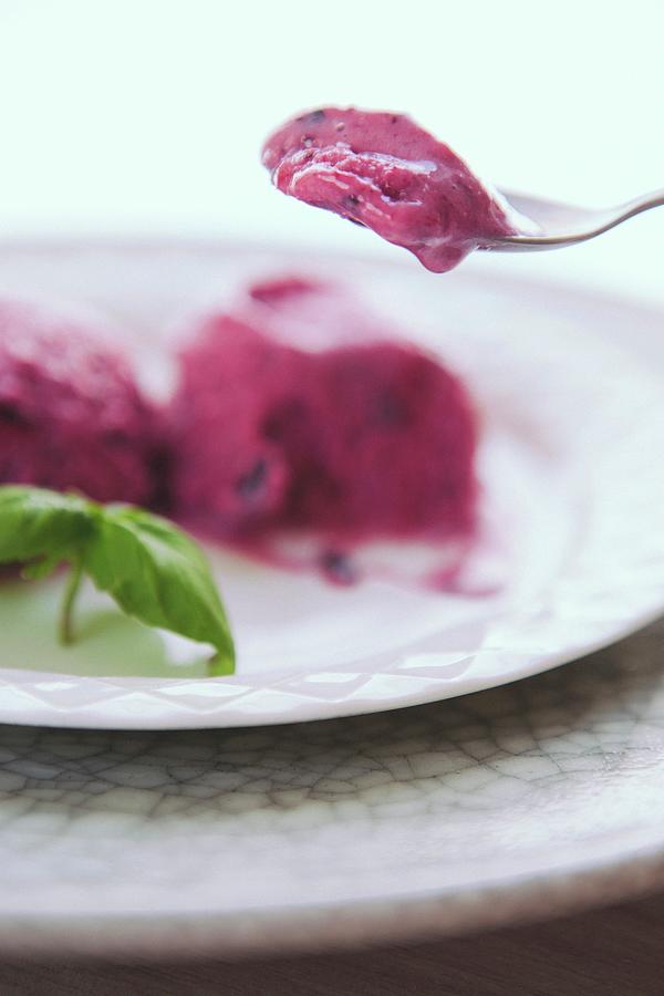 Banana And Berry Sorbet On A Plate And A Spoon Photograph by Karolina Kosowicz