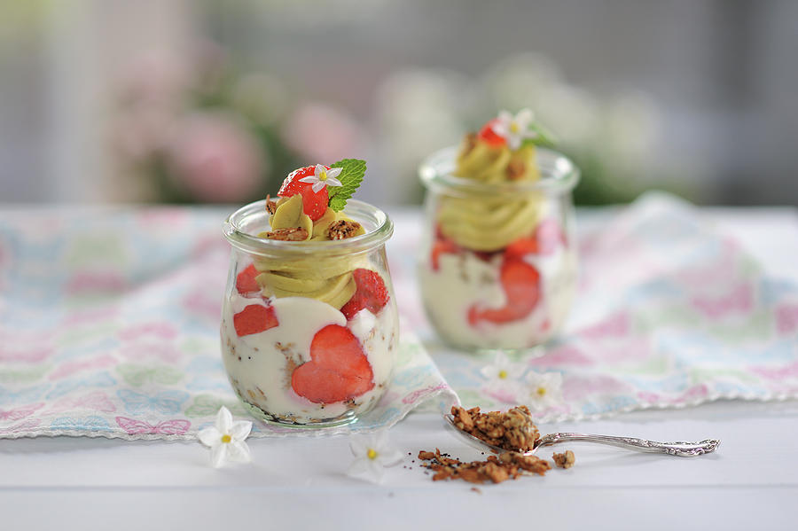 Banana And Date Granola Desserts With Yogurt, Fresh Strawberries And Mango-cashew Cream vegan Photograph by B.b.s Bakery