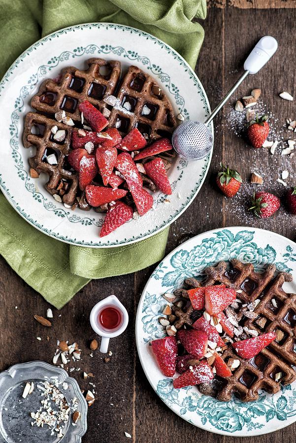 Banana And Oat Waffles With Strawberries And Maple Syrup For Breakfast Photograph by Lucy Parissi