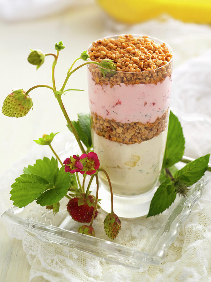 Banana And Strawberry Mascarpone Cream With Granola In A Glass Photograph by Linda Sonntag