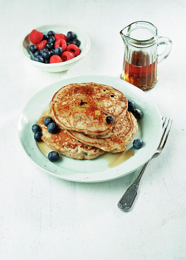 Banana, Blueberry And Buckwheat Pancakes Photograph by Charlotte Kibbles