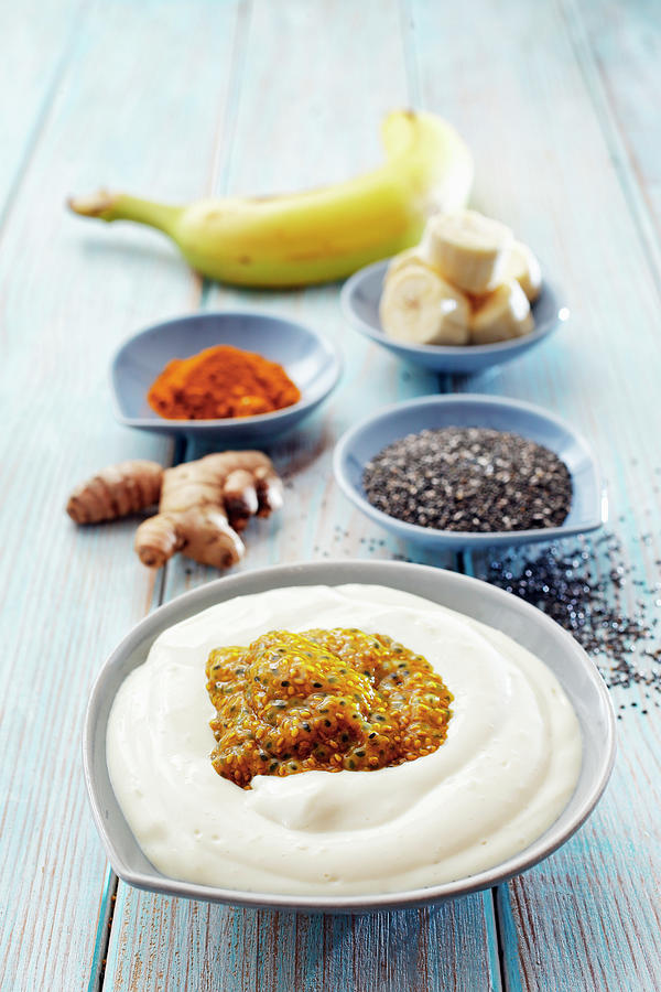Banana Bowl With Chia Seeds And Turmeric In Quark Photograph by Petr Gross