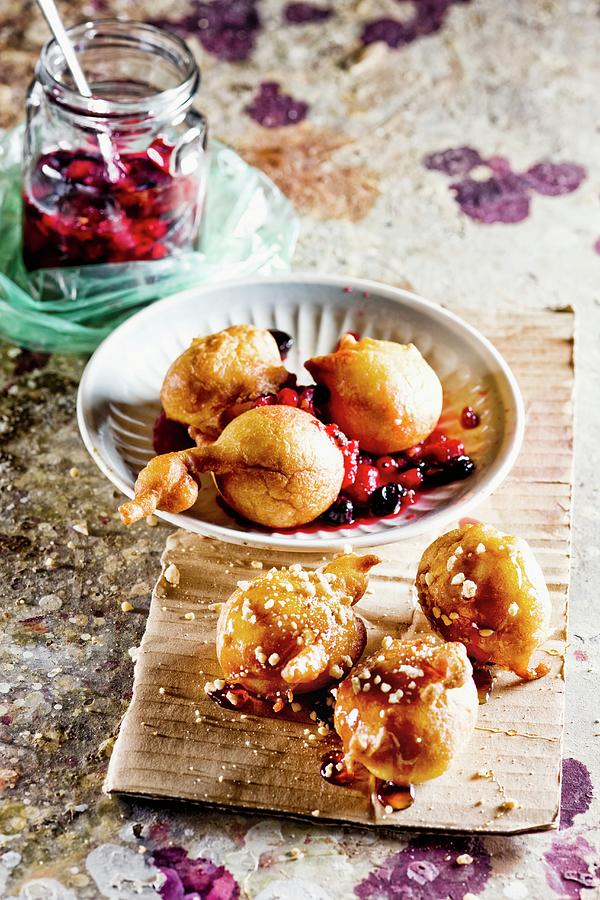 Banana Doughnuts With Berries And Maple Syrup Photograph by Lerner, Danny