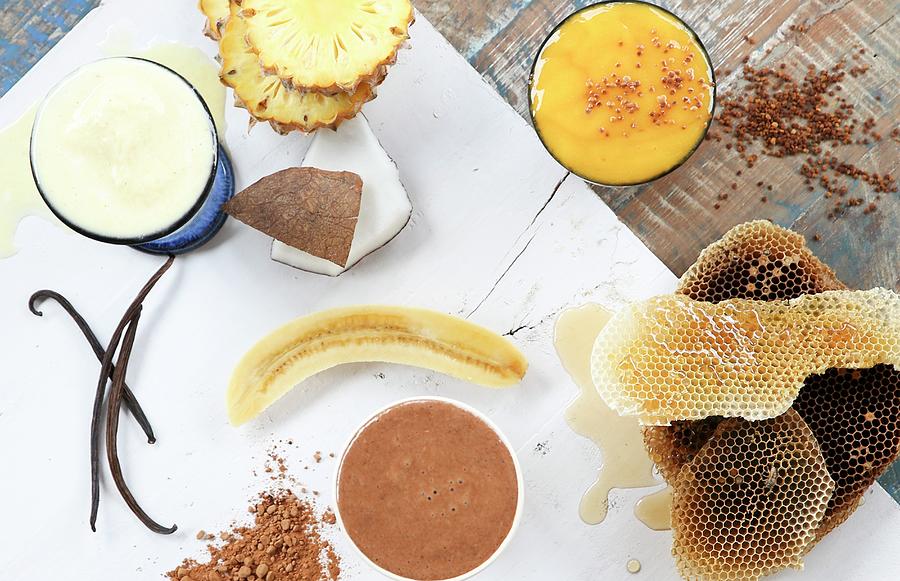 Banana Smoothie, Bee Pollen Smoothie And Cocoa Smoothie vegan Photograph by Elle Brooks