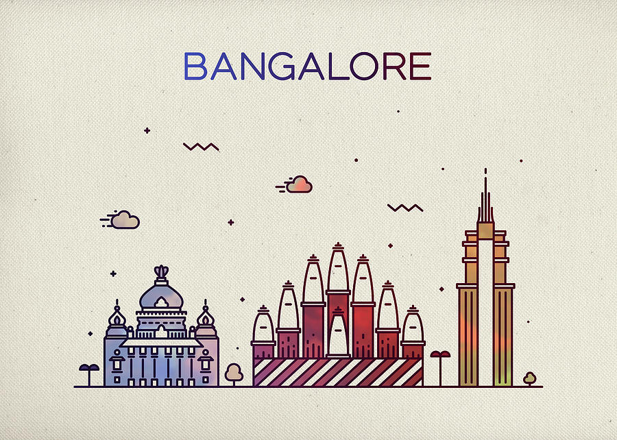City Mixed Media - Bangalore India City Skyline Fun Whimsical Series Wide Bright by Design Turnpike