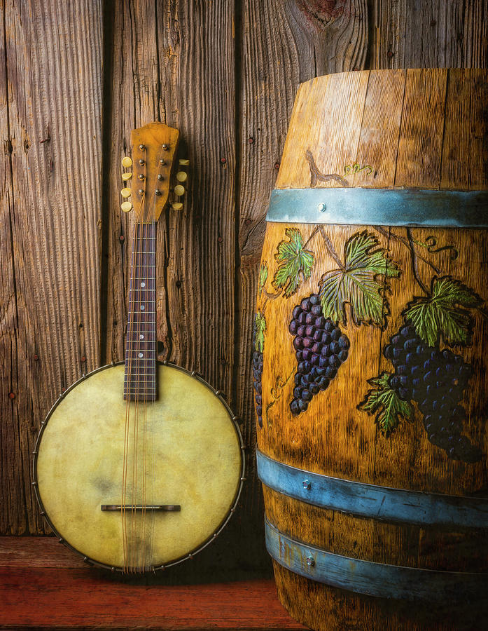 Banjo And Graped Carved Wine Barrel Photograph by Garry Gay