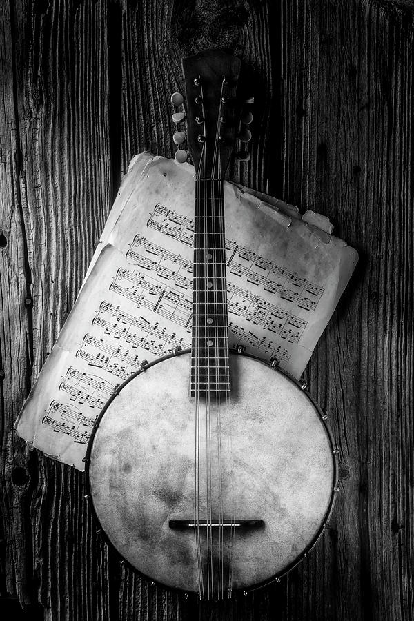 Banjo And Sheet Music Black And White Photograph by Garry Gay