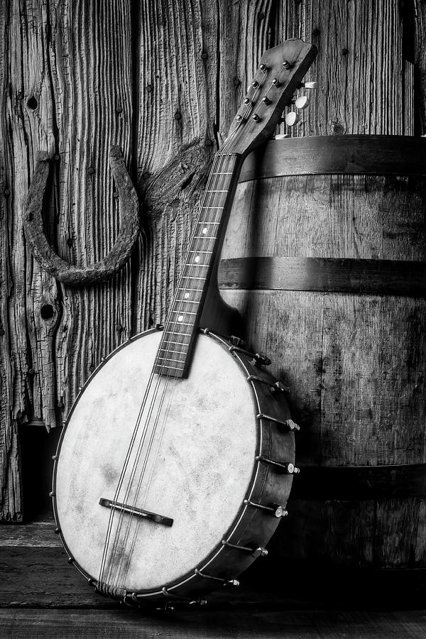 Banjo And Wine Barrel Black And White Photograph by Garry Gay