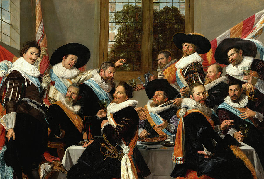 Frans Hals Painting - Banquet of the Officers of the St Adrian Civic Guard, the Calivermen, 1627 by Frans Hals