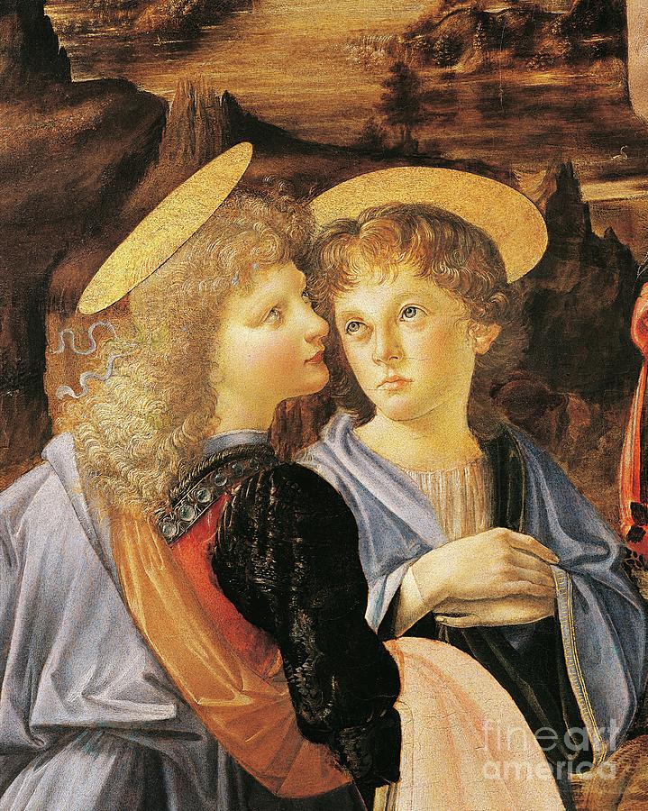 Baptism Of Christ By Andrea Del Verrocchio And Leonardo Da Vinci, Detail Depicting Angels Painting by Leonardo Da Vinci