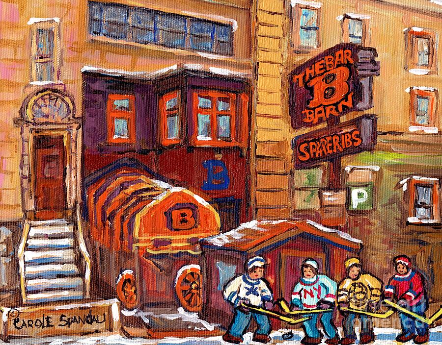 Bar B Barn Spare Ribs Restaurant Rue Guy Montreal Landmark Hockey Art C Spandau Winter Street Scene  Painting by Carole Spandau