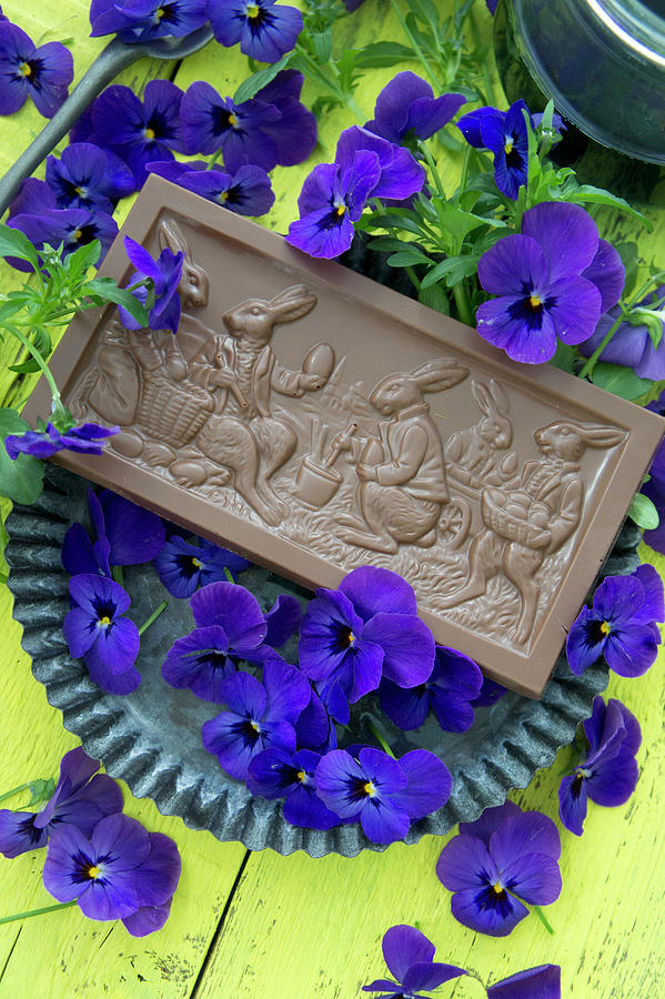 Bar Of Chocolate With Easter Motif Surrounded By Violas Photograph by Martina Schindler