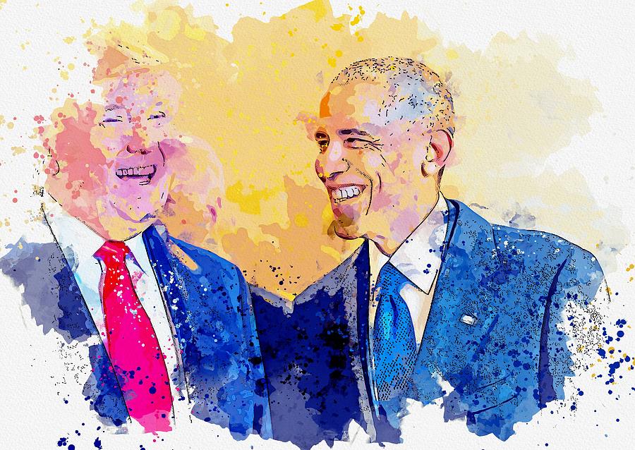 Barack Obama Painting - Barack Obama and Donald Trump -  watercolor by Ahmet Asar by Celestial Images
