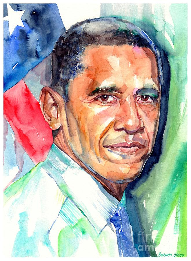 Donald Trump Painting - Barack Obama Watercolor by Suzann Sines