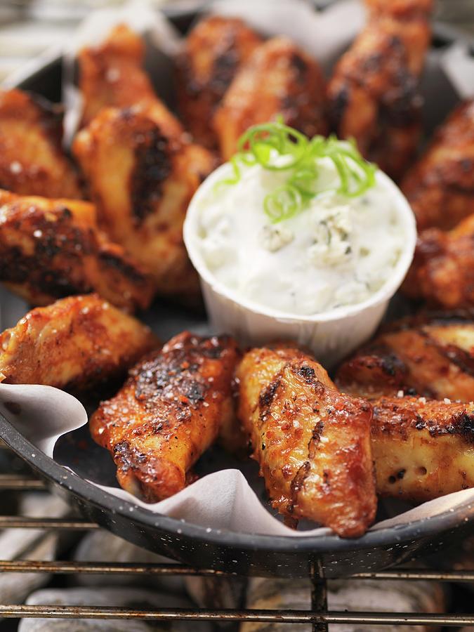 Barbecued Chicken Wings With Dip In A Tray On The Barbecue Photograph by Eising Studio - Food Photo & Video