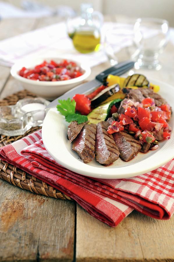 Barbecued Sirloin Steak With Grilled Vegetables And Tomato Salsa Photograph by Mario Matassa