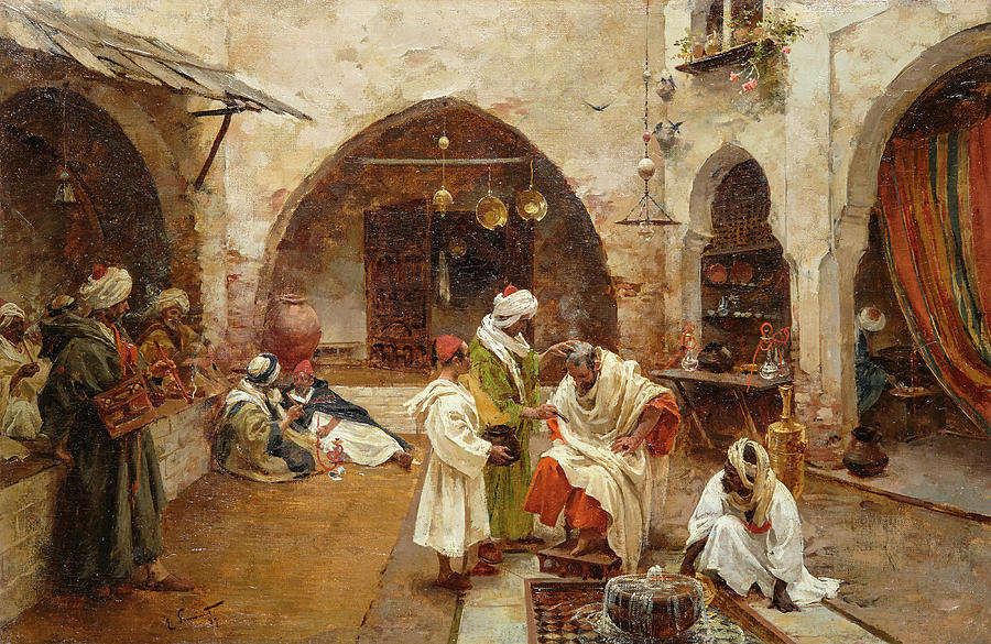 Architecture Painting - Barber at the souk, 1897 by Enrique Simonet