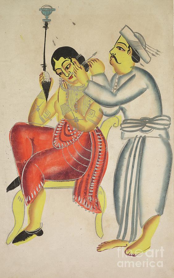 Barber Cleaning A Womans Ear Drawing by Heritage Images