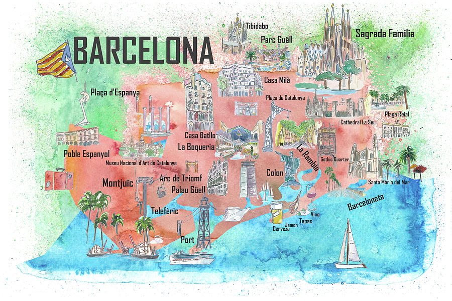 Barcelona Catalonia Spain Illustrated Travel Poster Favorite Map Tourist Highlights Painting By M Bleichner