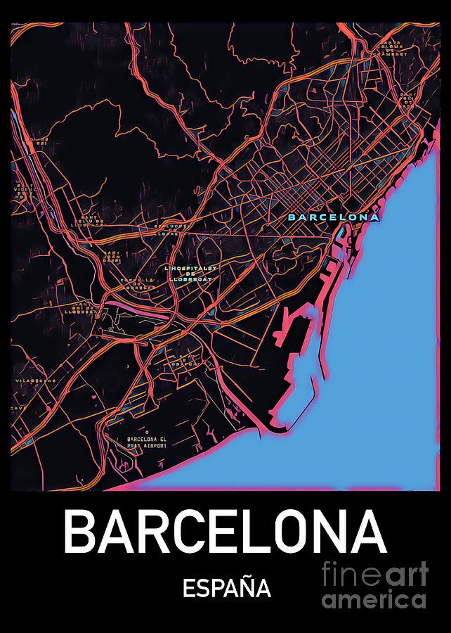 Barcelona City Map Digital Art by HELGE Art Gallery