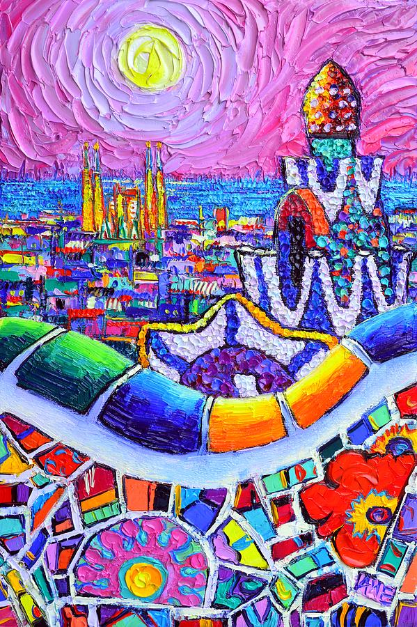 BARCELONA PARK GUELL COLORFUL NIGHT textural impasto knife oil painting abstract Ana Maria Edulescu Painting by Ana Maria Edulescu