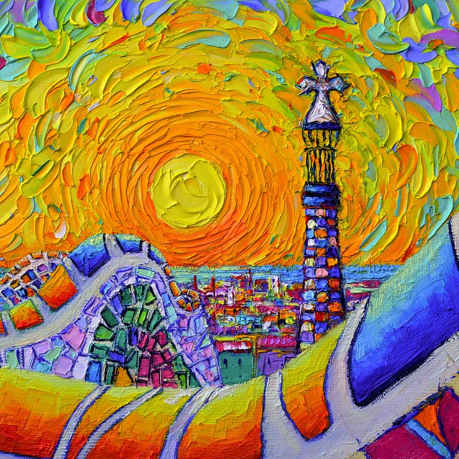 BARCELONA PARK GUELL GAUDI TOWER SUNRISE impasto textural palette knife painting Ana Maria Edulescu Painting by Ana Maria Edulescu