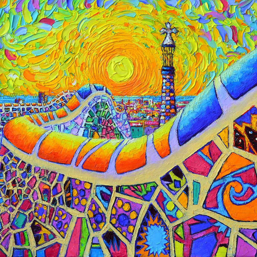 BARCELONA PARK GUELL MYSTIC YELLOW SUNRISE modern impressionist textural painting Ana Maria Edulescu Painting by Ana Maria Edulescu
