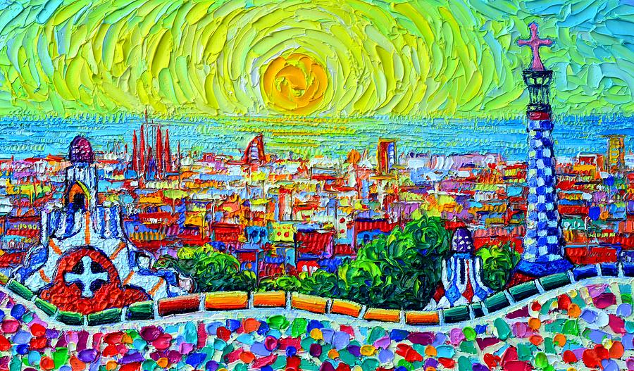 BARCELONA PARK GUELL SUNRISE textural impasto abstract city knife oil painting by Ana Maria Edulescu Painting by Ana Maria Edulescu