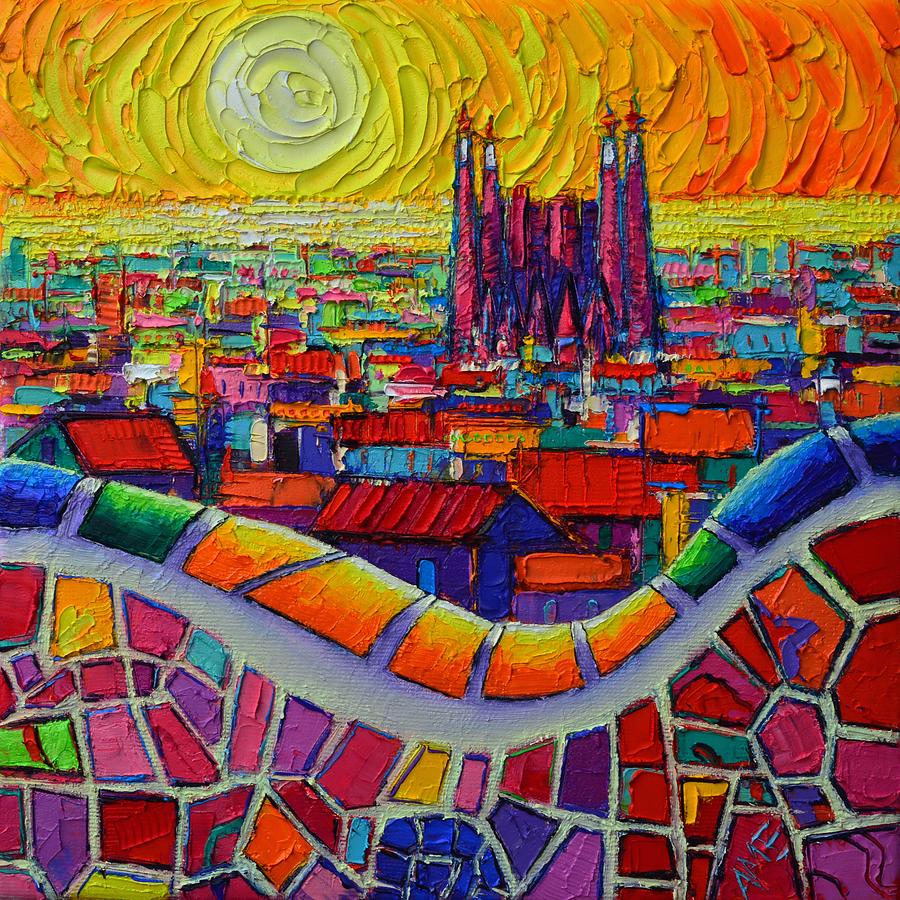 Barcelona Sagrada Familia Park Guell Sunrise Textural Impressionist Impasto Knife Oil Abstract City Painting by Ana Maria Edulescu