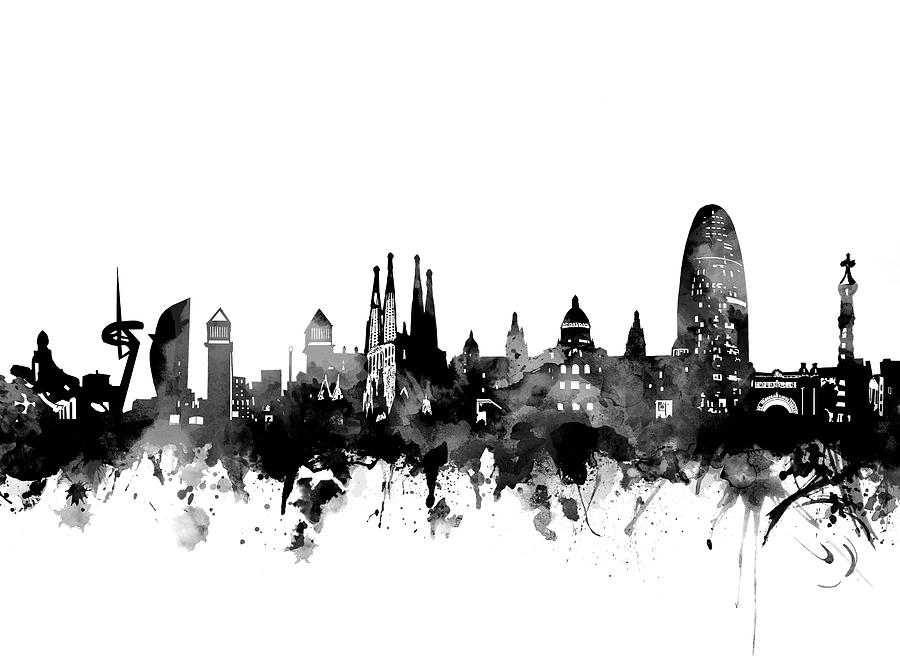 Barcelona Skyline Bw Digital Art