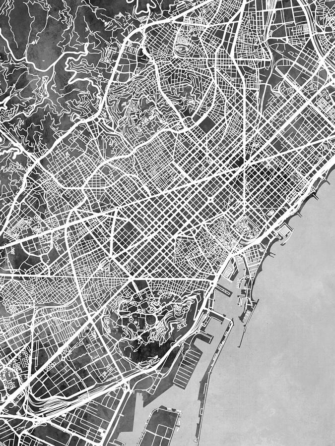 Barcelona Digital Art - Barcelona Spain City Map by Michael Tompsett