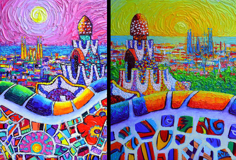 BARCELONA VIEW FROM PARK GUELL modern impressionist impasto abstract cityscapes Ana Maria Edulescu  Painting by Ana Maria Edulescu