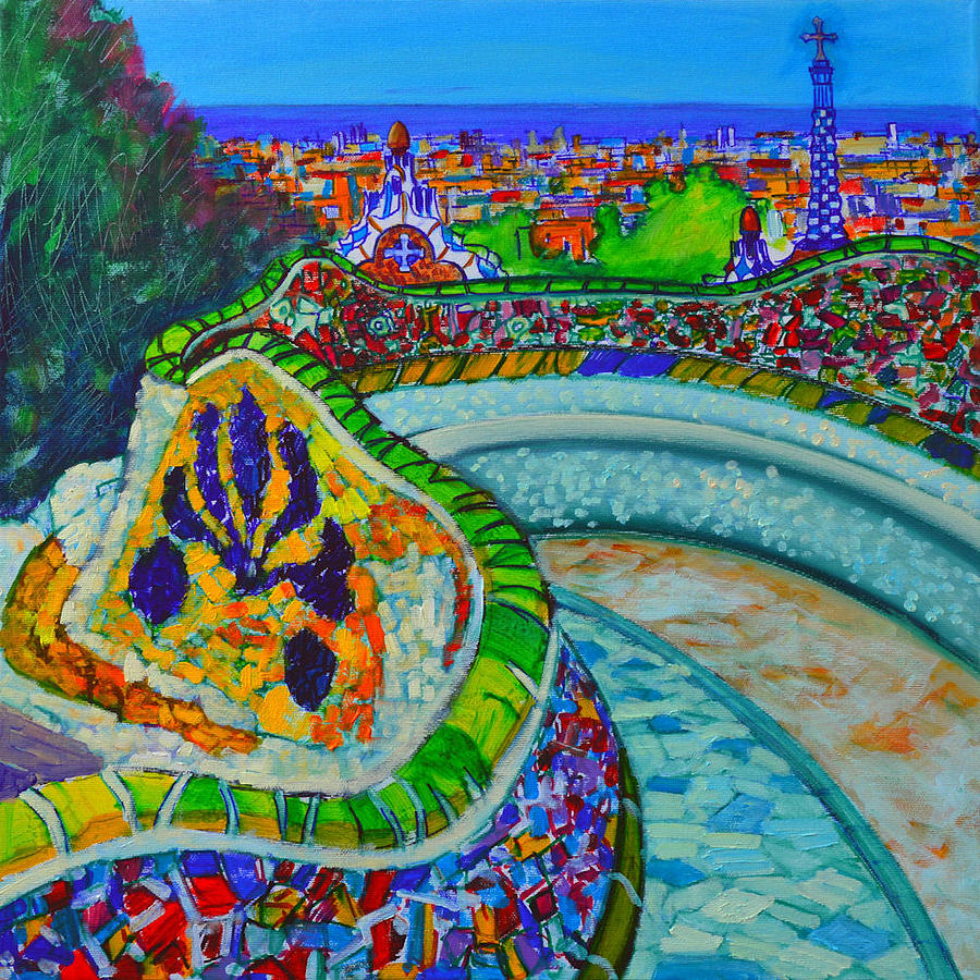 BARCELONA VIEW FROM PARK GUELL SERPENTINE MOSAIC BENCH CURVES work in progress by Ana Maria Edulescu Painting by Ana Maria Edulescu