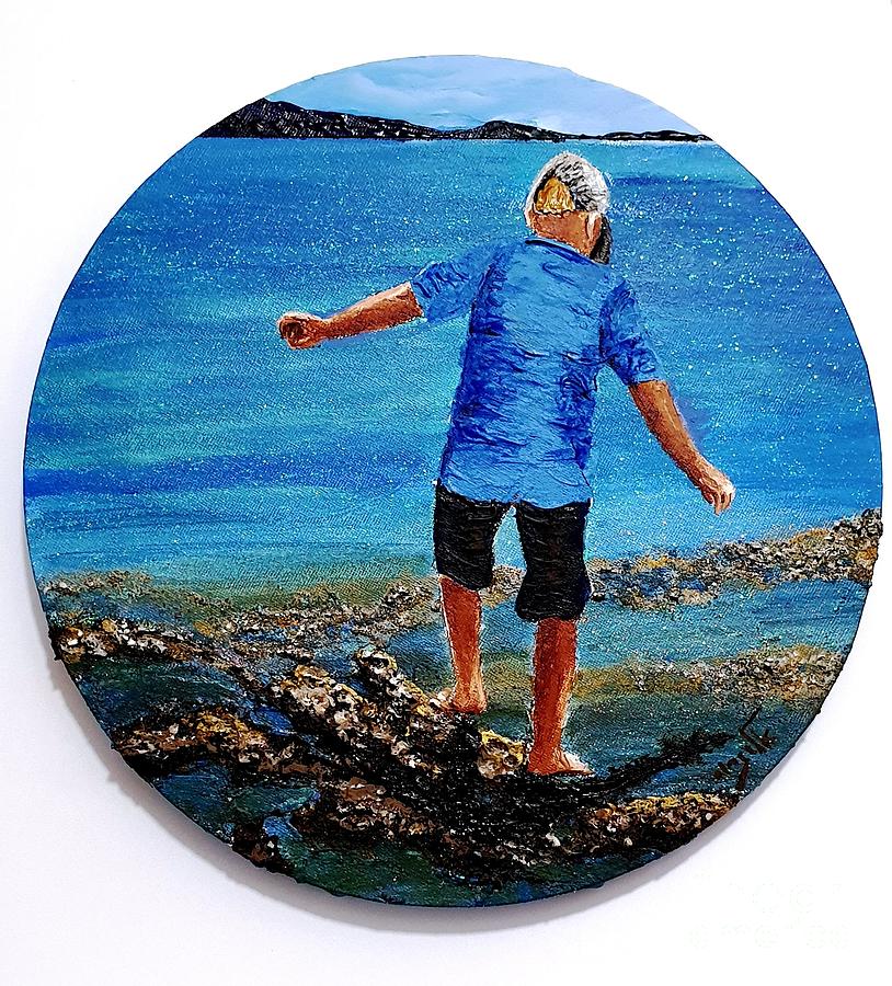 Barefoot at the shore, leaping rock to rock  Painting by Eli Gross