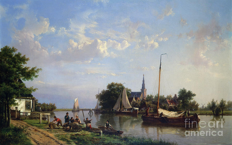 Barges On A Canal In Summer Painting by Hermanus Koekkoek