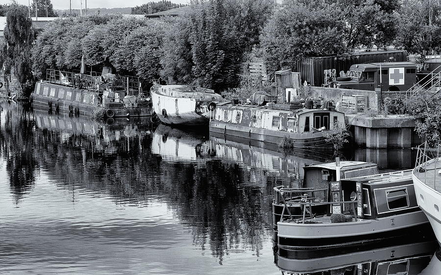 Barges On The Calder Monochrome Photograph by Jeff Townsend
