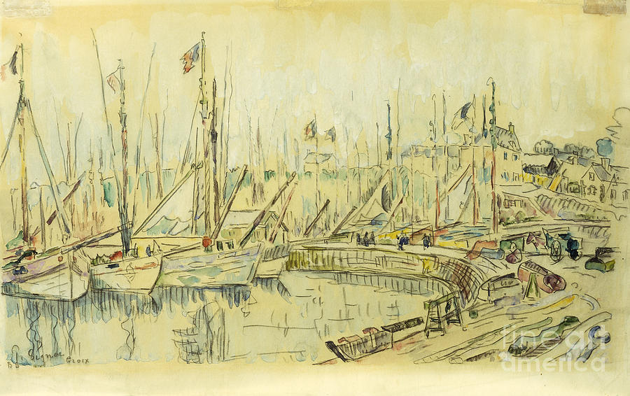 Barges On The Seine; Les Peniches Sur La Seine Painting by Maximilien Luce