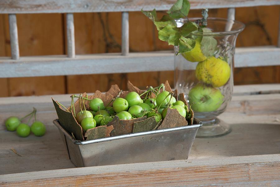 Bark And Green Apples In Loaf Tin And Fruit In Glass Container Photograph by Inge Ofenstein