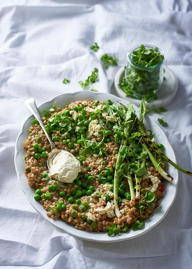 Barley And Coconut-milk Risotto With Peas, Baby Leeks And Feta Photograph by Great Stock!