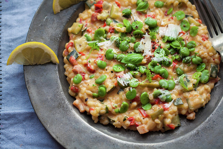 Barley Risotto With Bacon, Basil, Broad Beans, Peppers And Zucchini Photograph by Lara Jane Thorpe