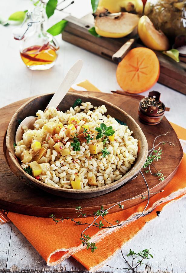 Barley With Japanese Persimmon & Quince Chutney And Lemon Thyme Photograph by Atelier Hmmerle