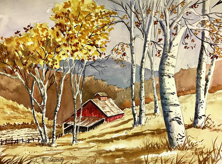 Barn And Birches Painting