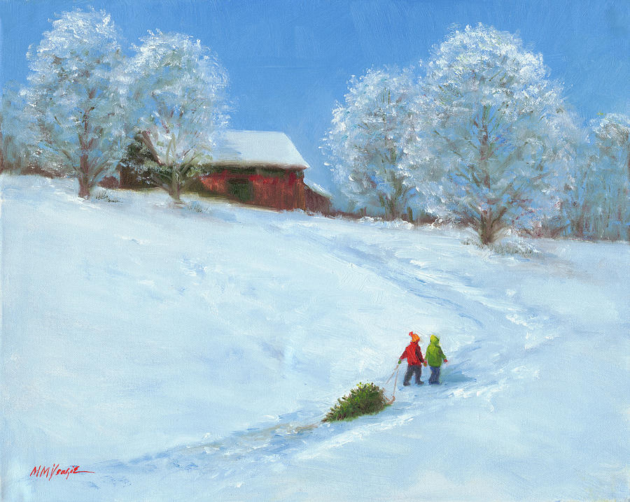 Christmas Painting - Barn And Children With Sled by Mary Miller Veazie